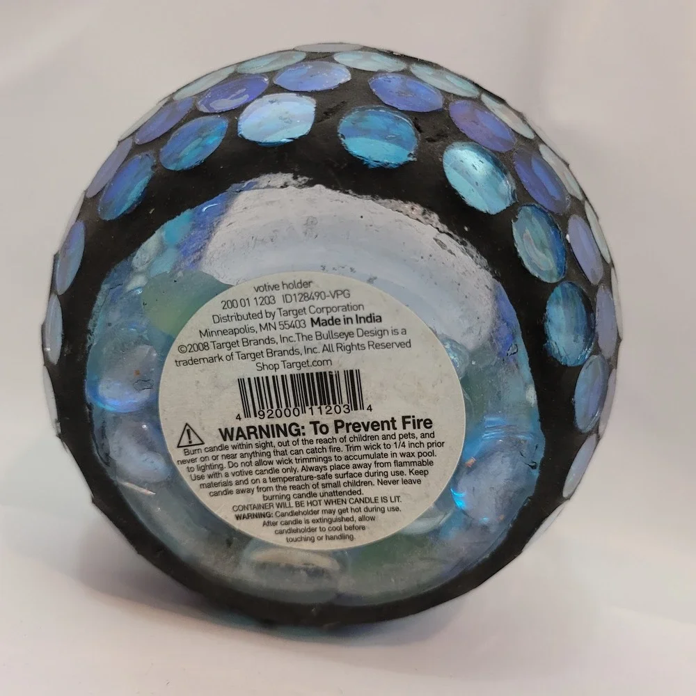 Target Votive Holder Blue Teal Mosaic Glass Gem Round Tea Light Candle Bowl 2008